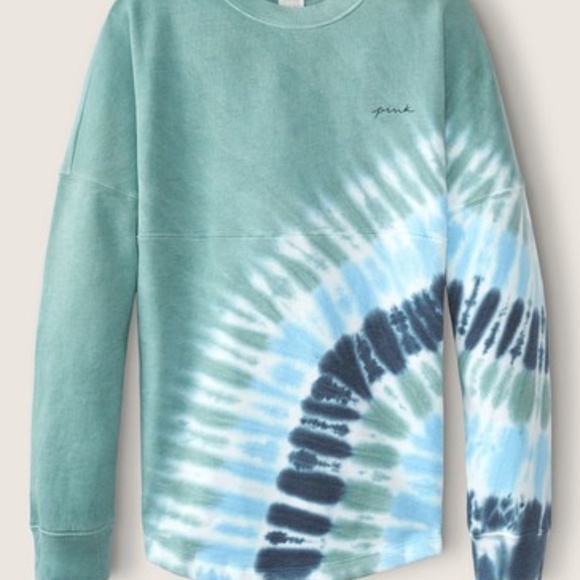 Victoria's Secret PINK Varsity Crew Sweatshirt Oil Blue Tie Dye Large NEW - Picture 2 of 4